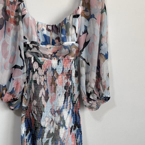 Here Comes The Sun Dress S Colorful And Calm Smocked Tie Back Puff Sleeve NEW - Picture 3 of 13
